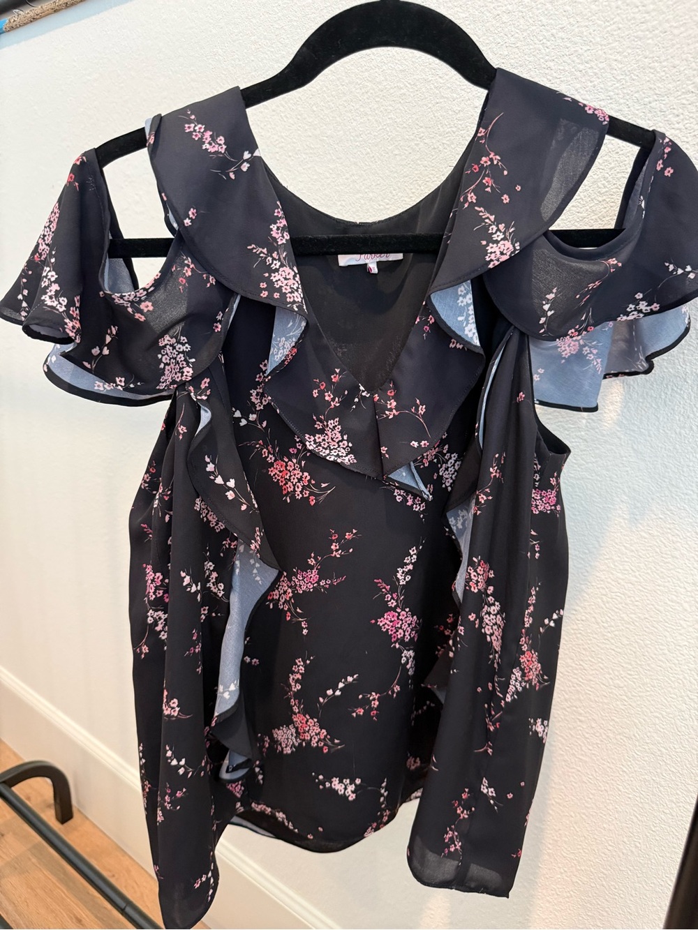 Parker Black Cold-Shoulder Floral Ruffle Blouse